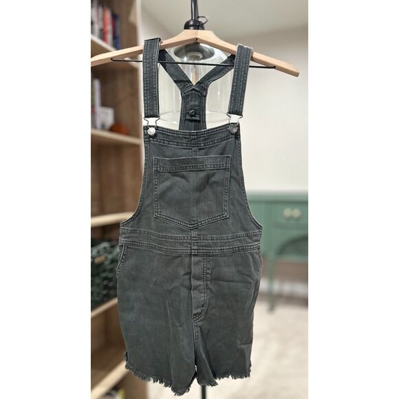 Aerie Denim Frayed Hem Short Overalls - Picture 1 of 8